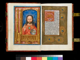Ms 1058-1975 f.13v-14 Christ in Majesty above a predella panel depicting St. Veronica displaying the sudarium to six worshippers, border of peacock feathers, c. 1500